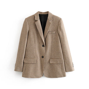 Vintage Office Ladies Plaid Blazer Long Sleeve Loose Houndstooth Suit Coat Jacket Women Single Breasted Blazers Female 2020