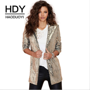 HDY Haoduoyi Women Blazers Autumn Blazer Pockets Casual Long Sleeve Silver Sequined Coats Street Turn-down Collar Cardigan Suits