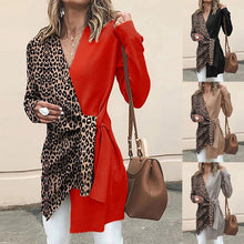 Load image into Gallery viewer, women&#39;s Qiu dong euramerican lady temperament V - collar leopard print patchwork Cardigan Lacing Top  office lady

