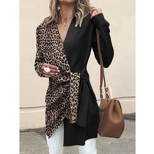 Load image into Gallery viewer, women&#39;s Qiu dong euramerican lady temperament V - collar leopard print patchwork Cardigan Lacing Top  office lady
