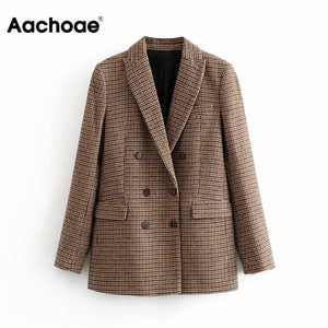 Aachoae Vintage Casual Plaid Blazer Women Fashion Double Breasted Office Ladies Jacket Coat Notched Collar Long Sleeve Suits
