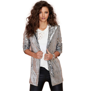 HDY Haoduoyi Women Blazers Autumn Blazer Pockets Casual Long Sleeve Silver Sequined Coats Street Turn-down Collar Cardigan Suits